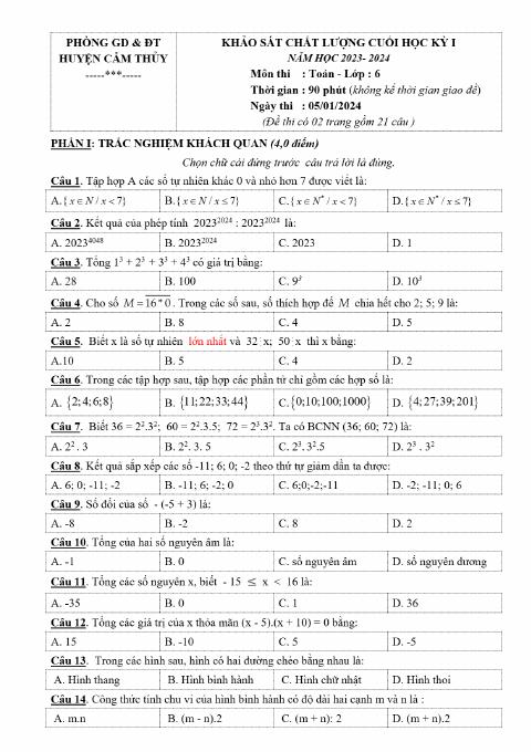 Đề thi Học kì 1 Toán 6 năm 2023-2024 Phòng GD&ĐT Cẩm Thủy (Thanh Hóa)